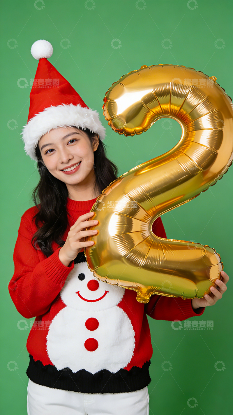 高清大图下载【趣麦麦图】圣诞少女喜庆装扮金气球人像写真