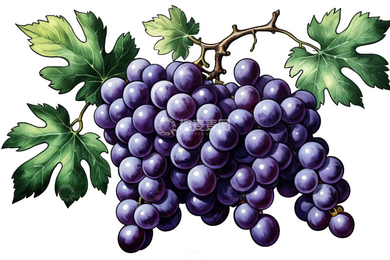 高清大图下载【趣麦麦图】紫色葡萄与绿叶插画