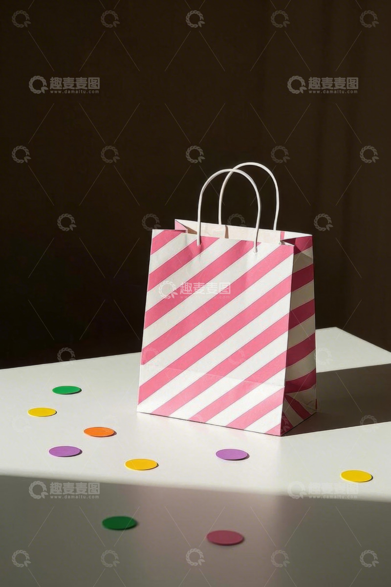 高清大图下载【趣麦麦图】粉色条纹纸质购物袋静物