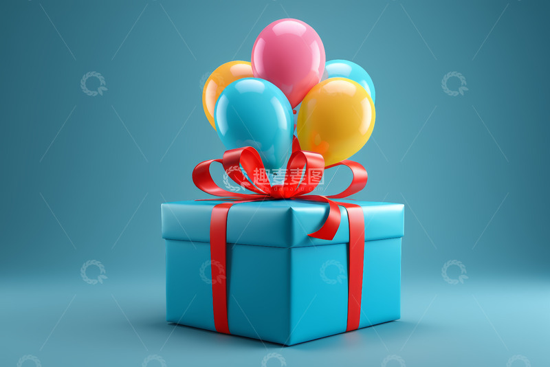 高清大图下载【趣麦麦图】蓝色礼盒配彩色气球