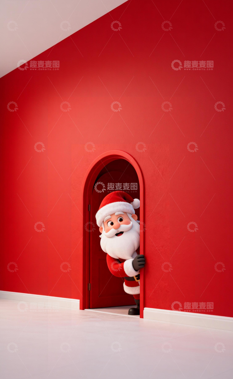 高清大图下载【趣麦麦图】圣诞老人红门探身卡通插画