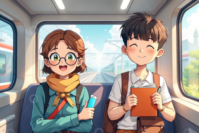 高清大图下载【趣麦麦图】乘火车的男女学生