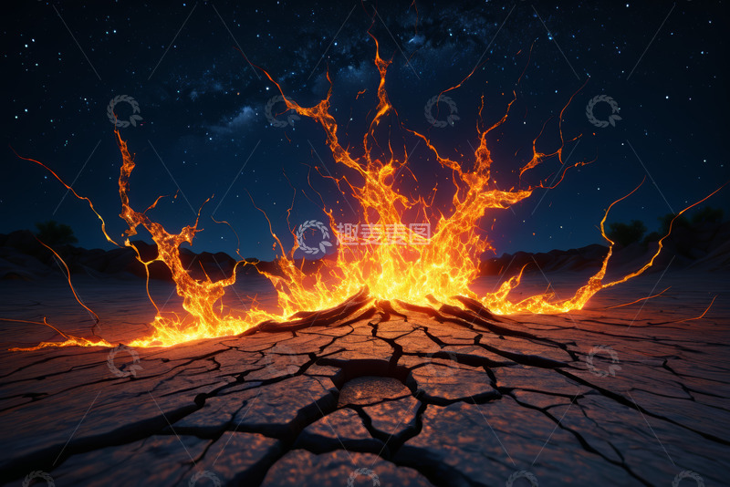 高清大图下载【趣麦麦图】夜空下地面裂缝中涌出的火焰