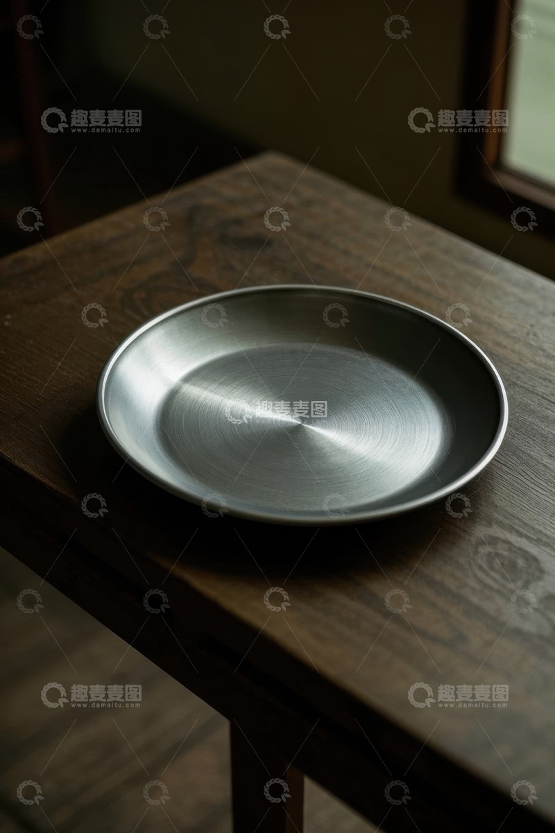 高清大图下载【趣麦麦图】木质桌上的金属盘子
