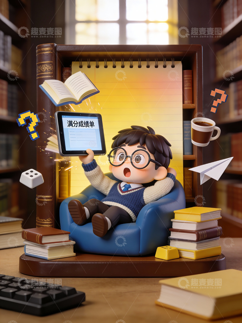 高清大图下载【趣麦麦图】书房学霸的满分成绩单欢呼时刻