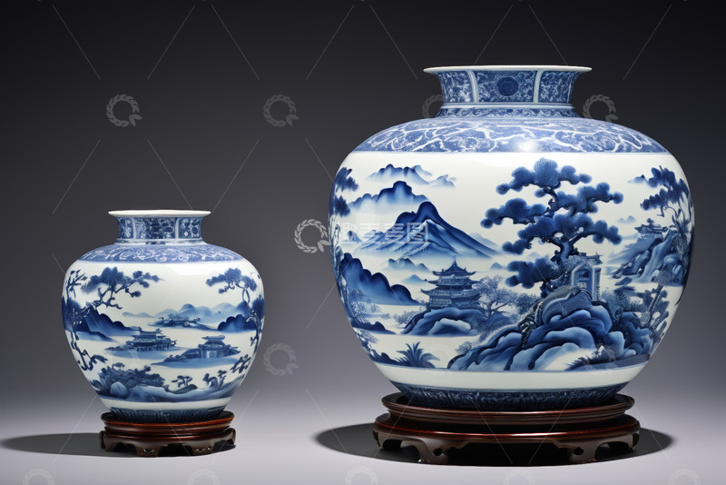高清大图下载【趣麦麦图】青花瓷瓶山水图案静物