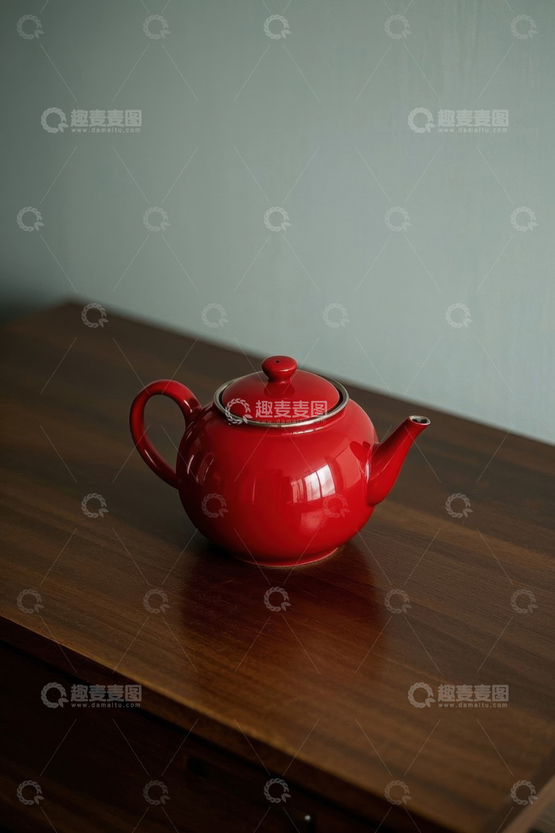 高清大图下载【趣麦麦图】红色茶壶置于木质桌面上