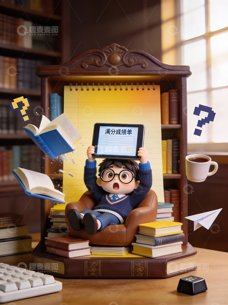 高清大图下载【趣麦麦图】学霸少年的满分成绩单惊喜时刻