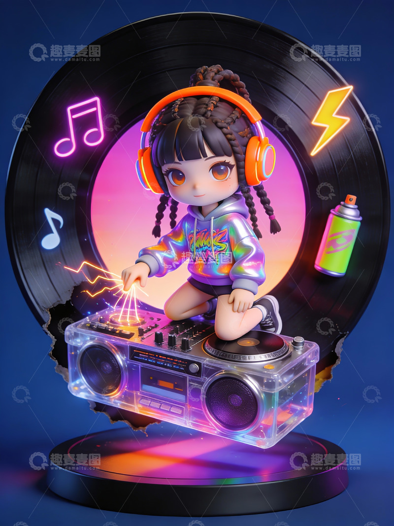 高清大图下载【趣麦麦图】霓虹唱片下的 DJ 少女潮流狂欢时刻