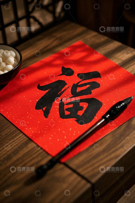 红纸上的毛笔福字书法