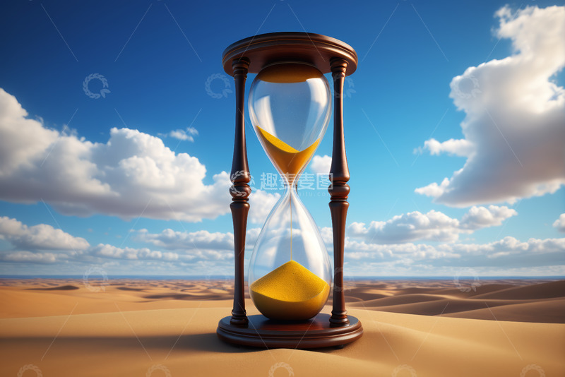 高清大图下载【趣麦麦图】沙漠中沙漏与蓝天白云景象