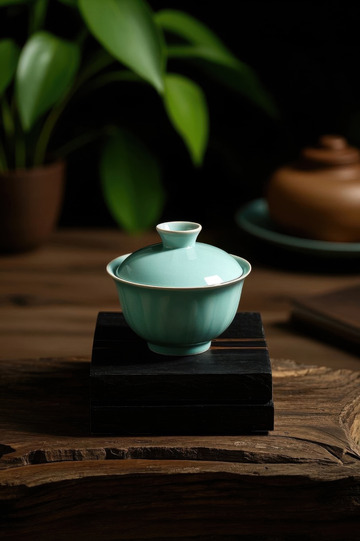 青釉盖碗茶具特写