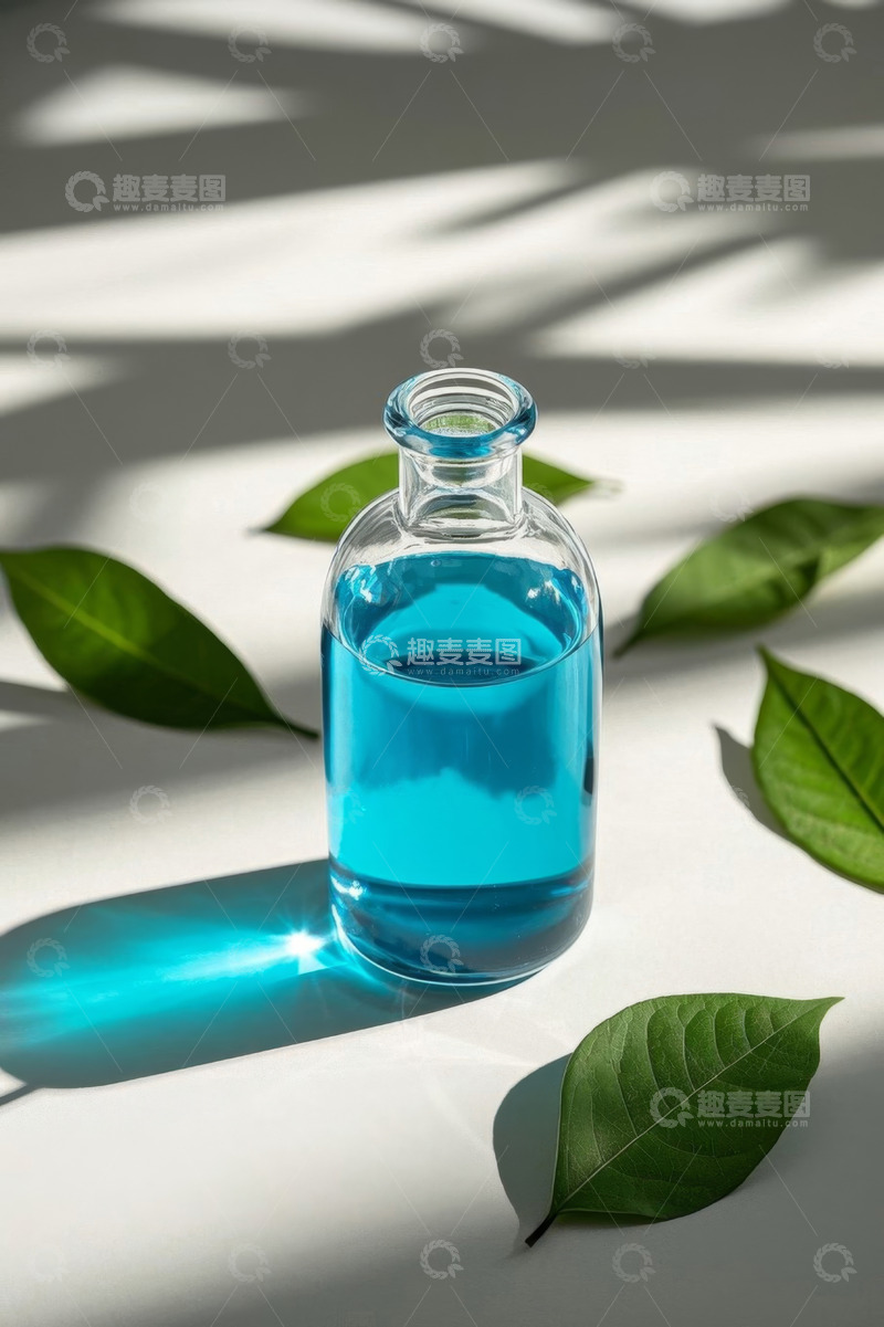 高清大图下载【趣麦麦图】装有蓝色液体的玻璃瓶