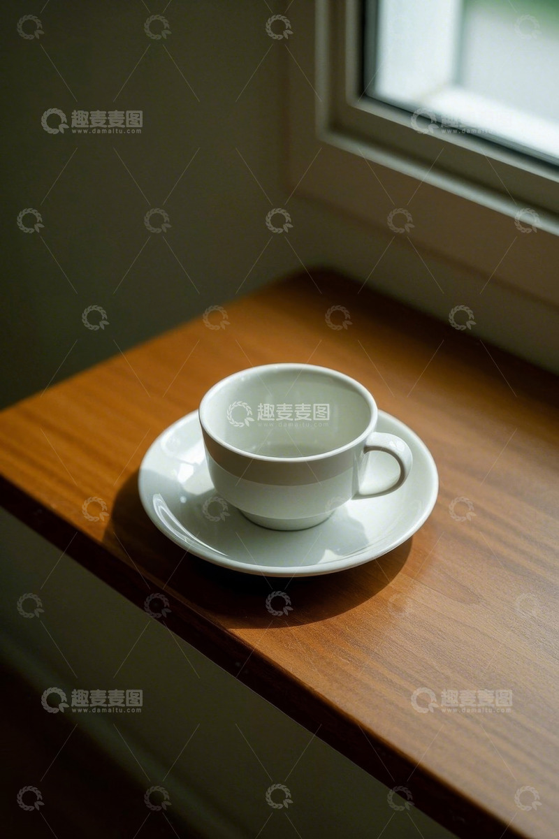 高清大图下载【趣麦麦图】窗边木桌上的白色咖啡杯