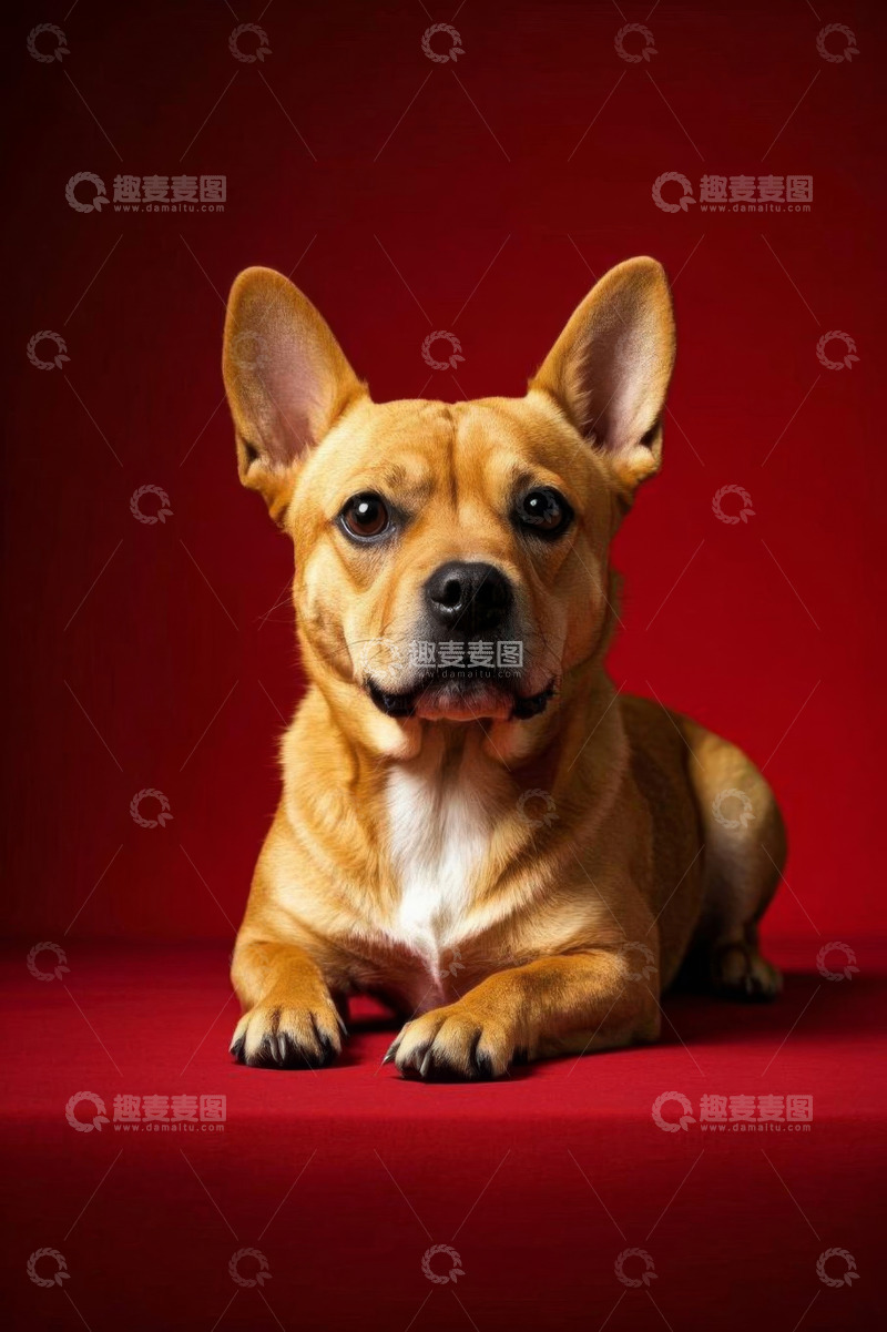 高清大图下载【趣麦麦图】红色背景前趴卧的宠物狗