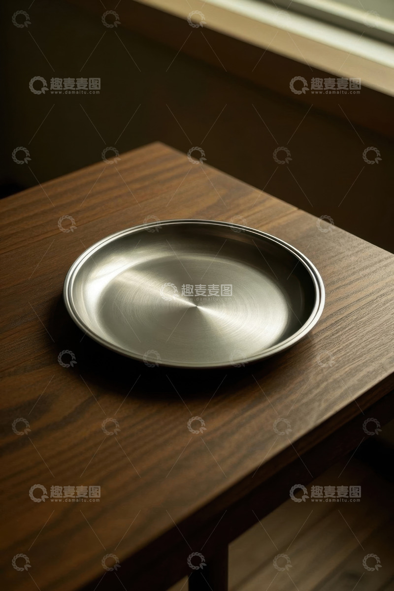 高清大图下载【趣麦麦图】木质桌面上的金属圆盘