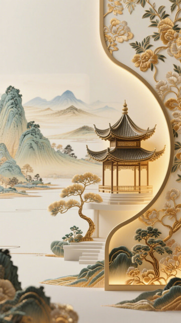 东方韵味亭台楼阁山水画