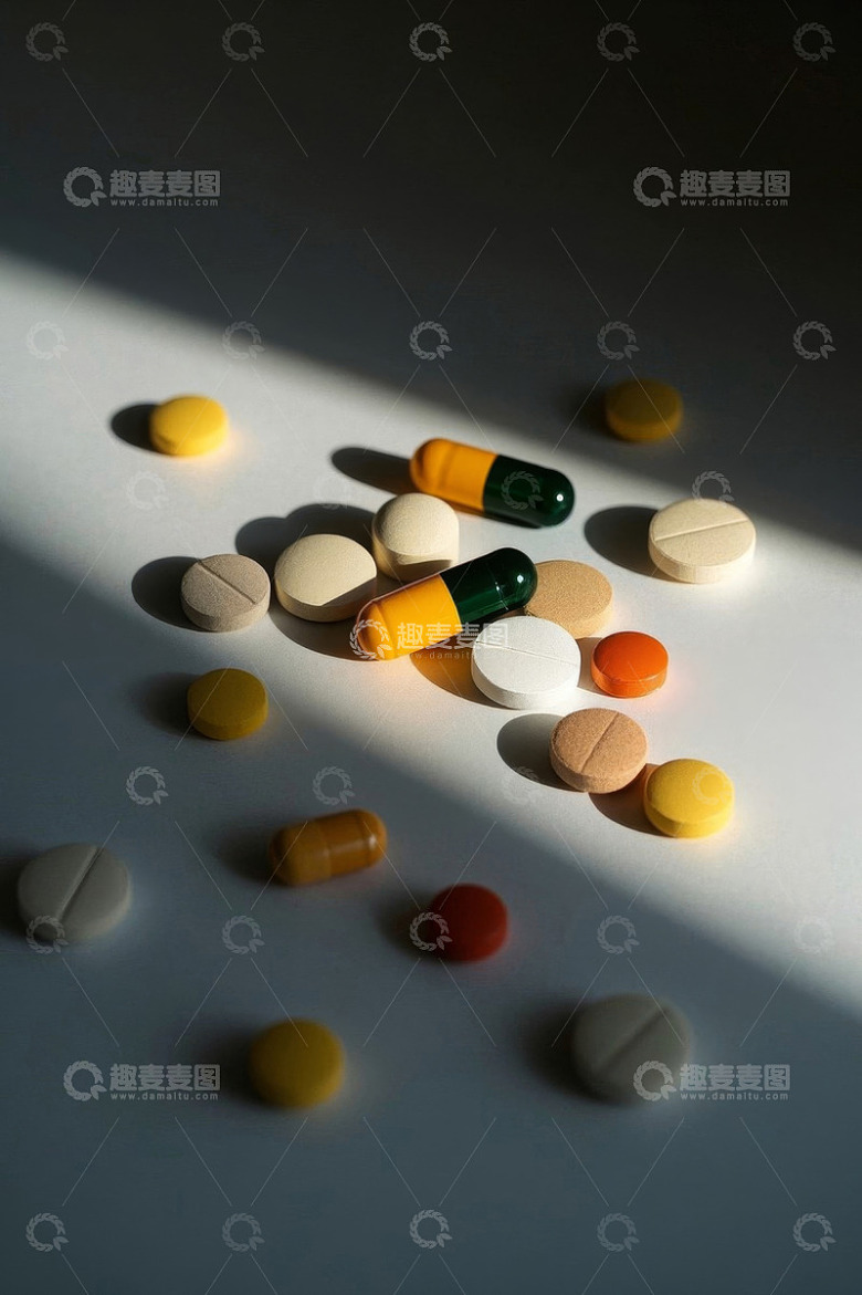 散落的多种颜色药丸和胶囊