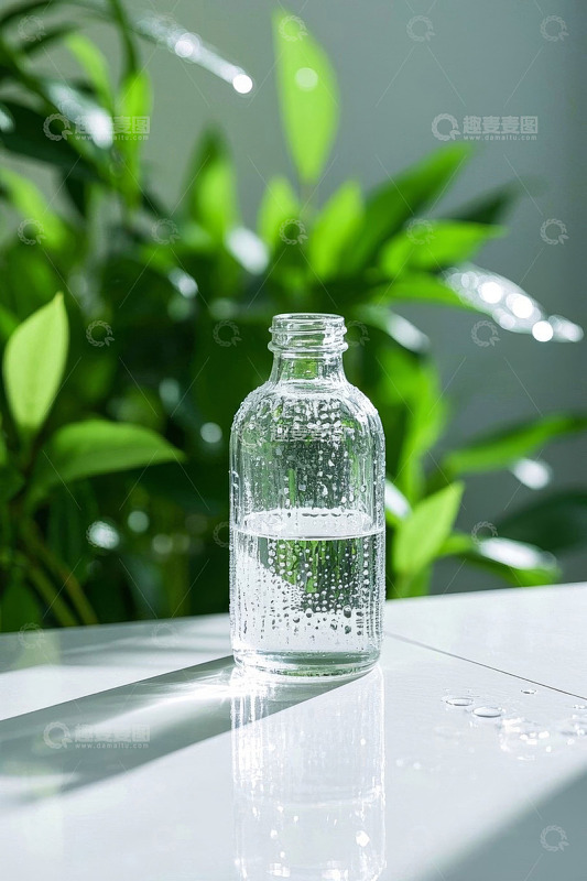 透明玻璃瓶内液体与绿植背景