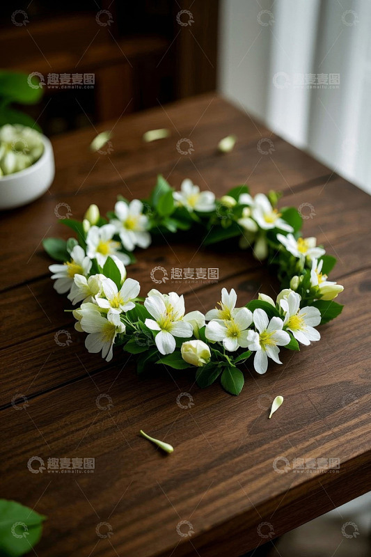 木桌上的白色花朵花环