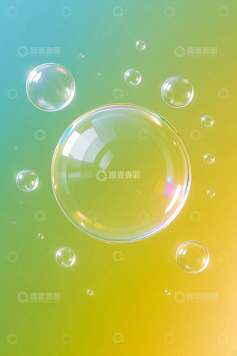 彩色背景上漂浮的透明气泡