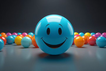 蓝色笑脸球与多彩小球场景