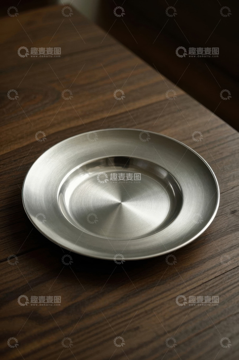 高清大图下载【趣麦麦图】木质桌面上的金属盘子