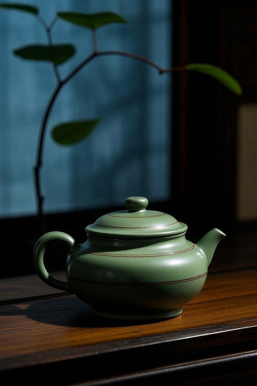 绿色陶瓷茶壶静物特写