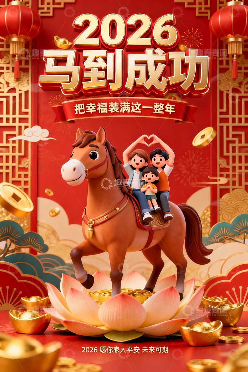 高清大图下载【趣麦麦图】2026马到成功喜庆海报设计