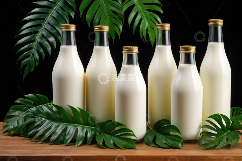 高清大图下载【趣麦麦图】瓶装牛奶与绿叶静物展示