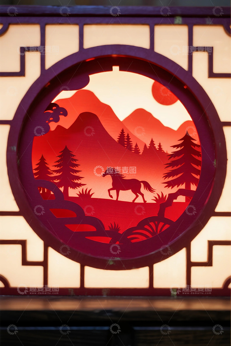 高清大图下载【趣麦麦图】剪纸艺术山水马景装饰图案