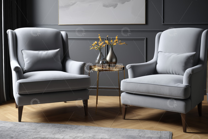 高清大图下载【趣麦麦图】室内灰色休闲椅与装饰摆件