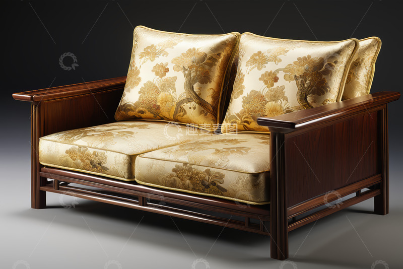 高清大图下载【趣麦麦图】中式双人沙发配花纹靠垫