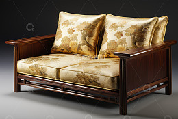 中式双人沙发配花纹靠垫