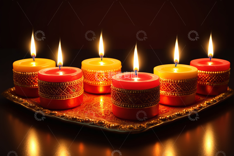 高清大图下载【趣麦麦图】托盘上点燃的彩色装饰蜡烛