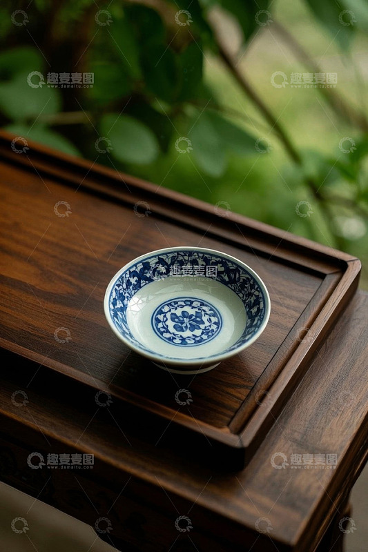 中式蓝白花纹茶杯置于木桌