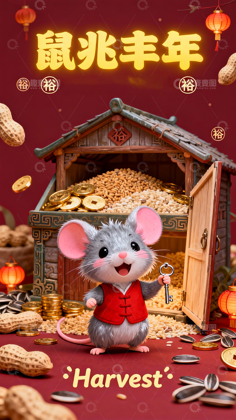 高清大图下载【趣麦麦图】萌鼠持钥启仓，粮金满囤兆丰年