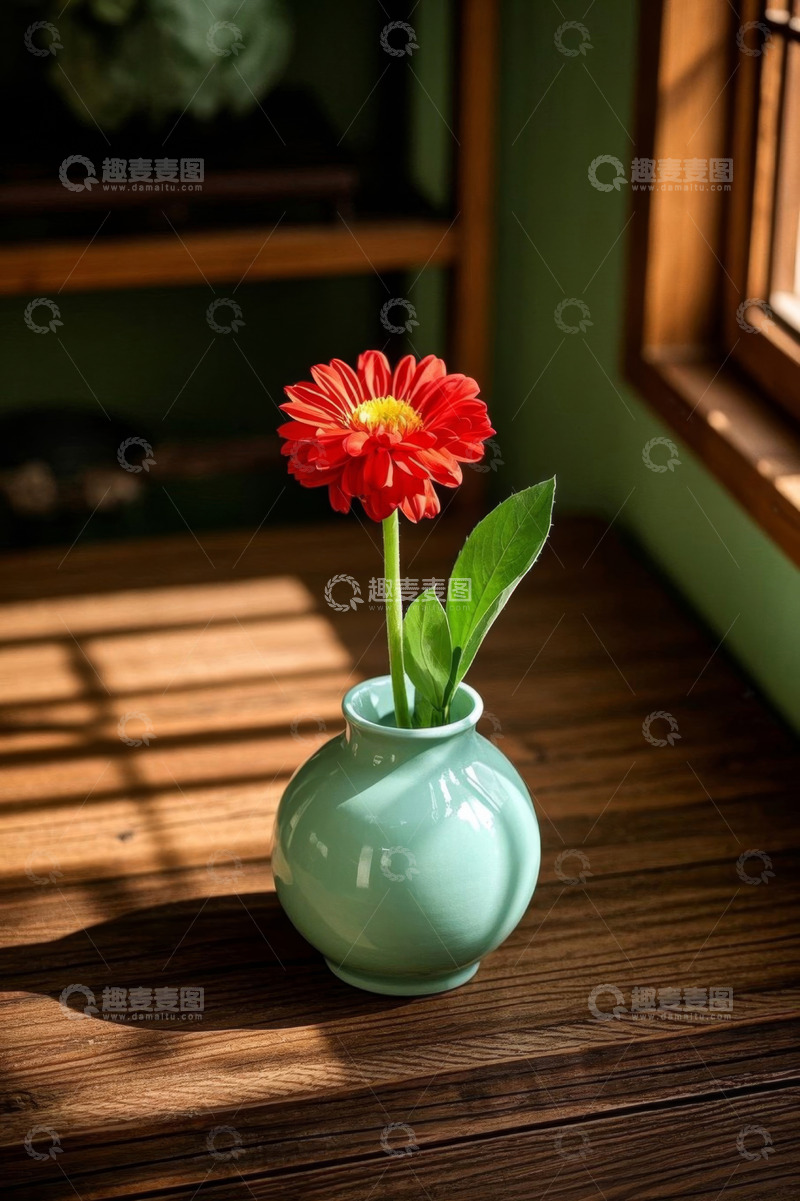 高清大图下载【趣麦麦图】窗边花瓶中插着的红色花卉