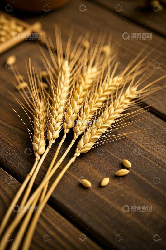 木质桌面上的小麦穗及种子