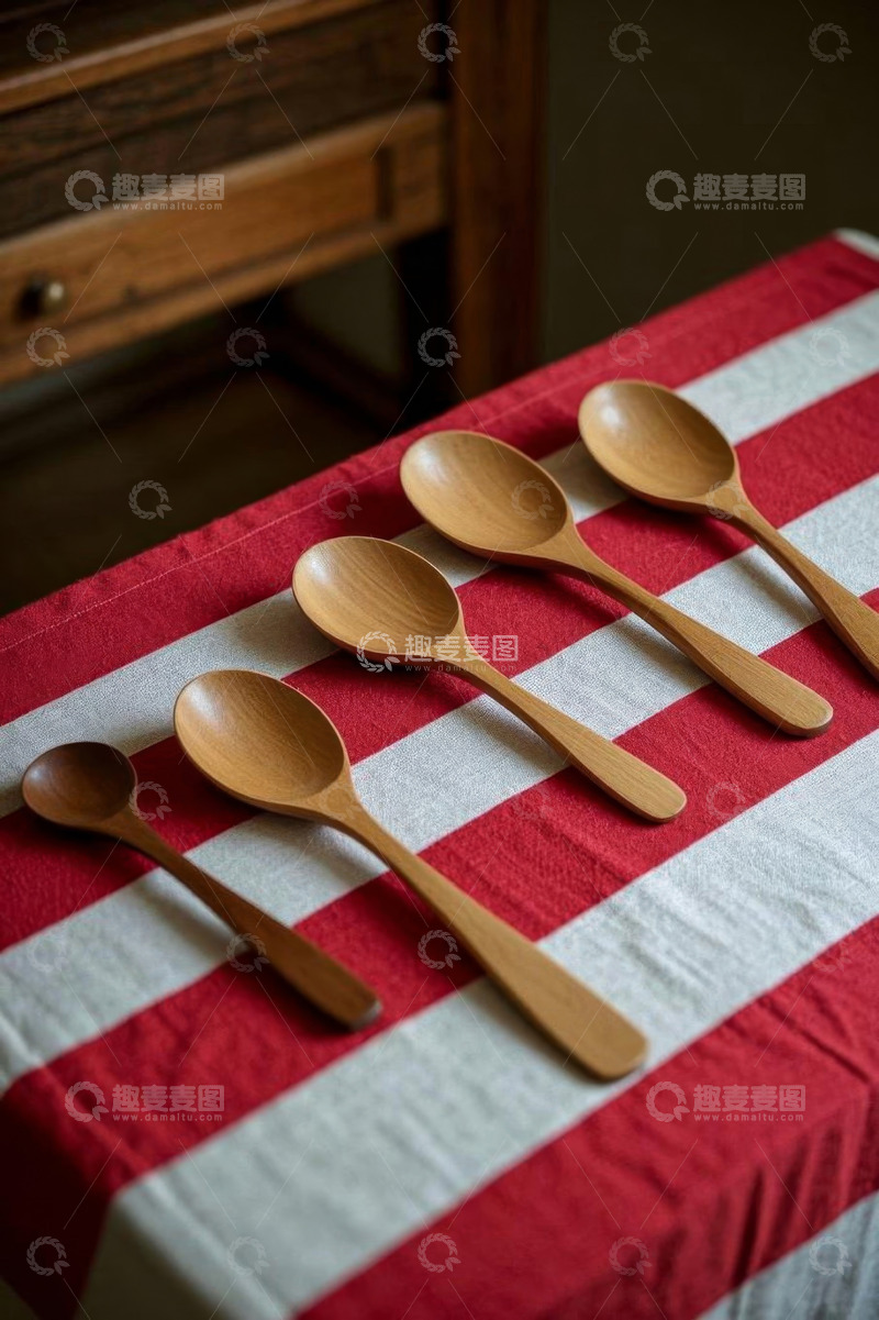 高清大图下载【趣麦麦图】红白桌布上的木质勺子