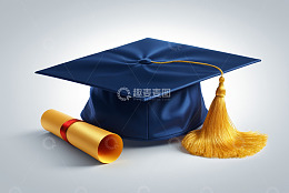 蓝色学士帽与金色毕业证书