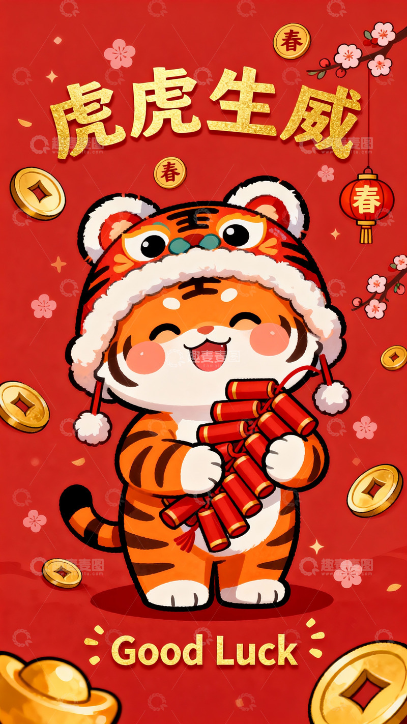 高清大图下载【趣麦麦图】萌虎捧炮庆新岁，虎虎生威纳福来