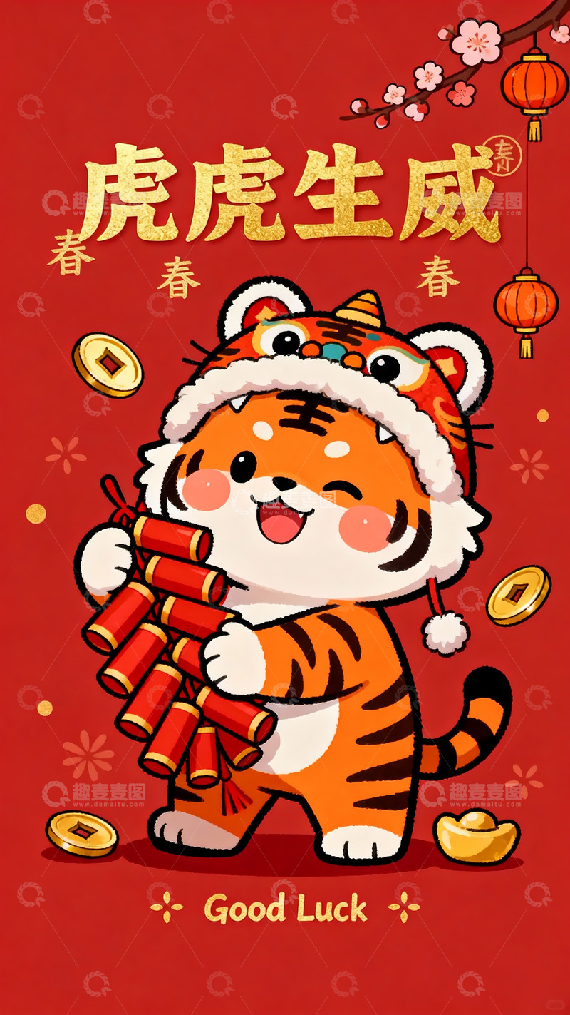 高清大图下载【趣麦麦图】萌虎持炮贺春，虎虎生威纳好运