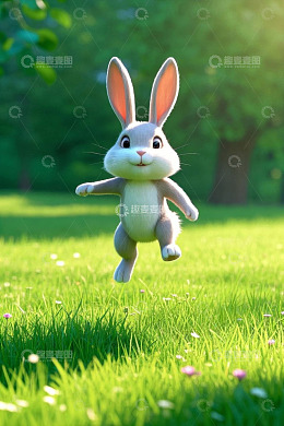 草地上跳跃的卡通兔子