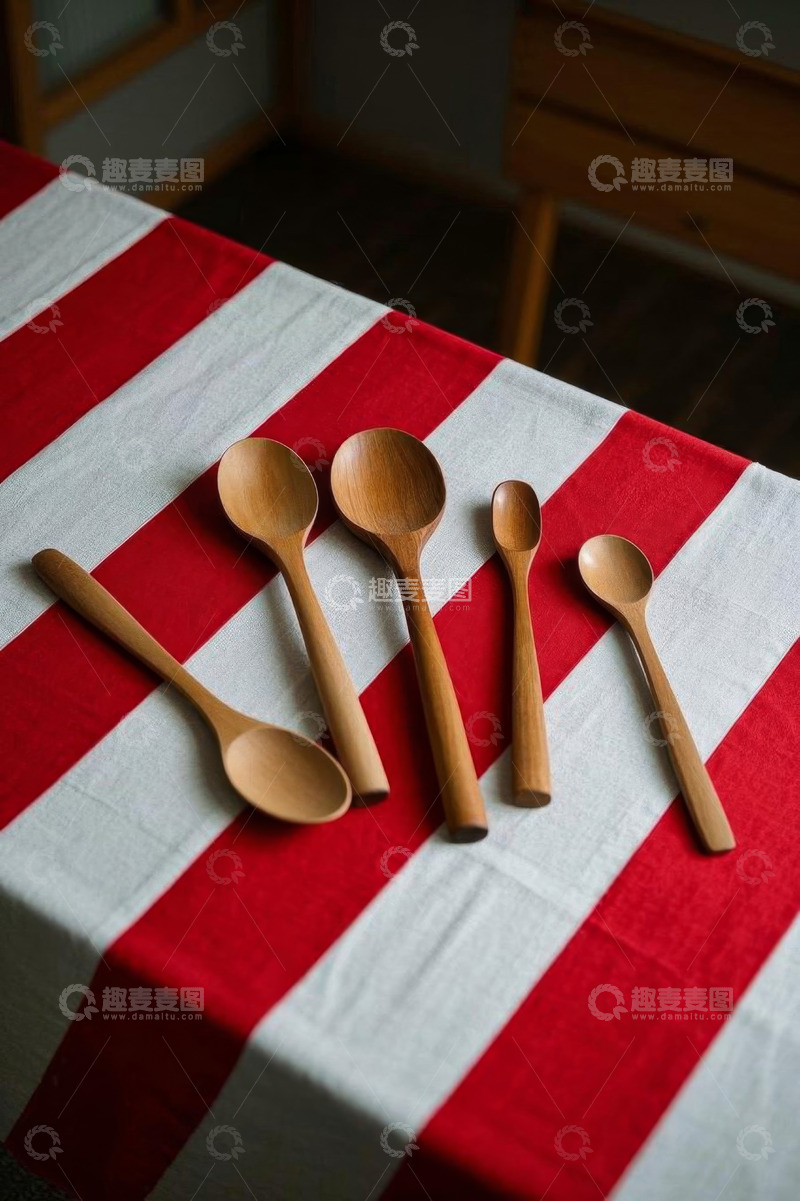 高清大图下载【趣麦麦图】红白桌布上的木制勺子