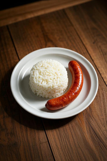 白盘上的香肠与米饭