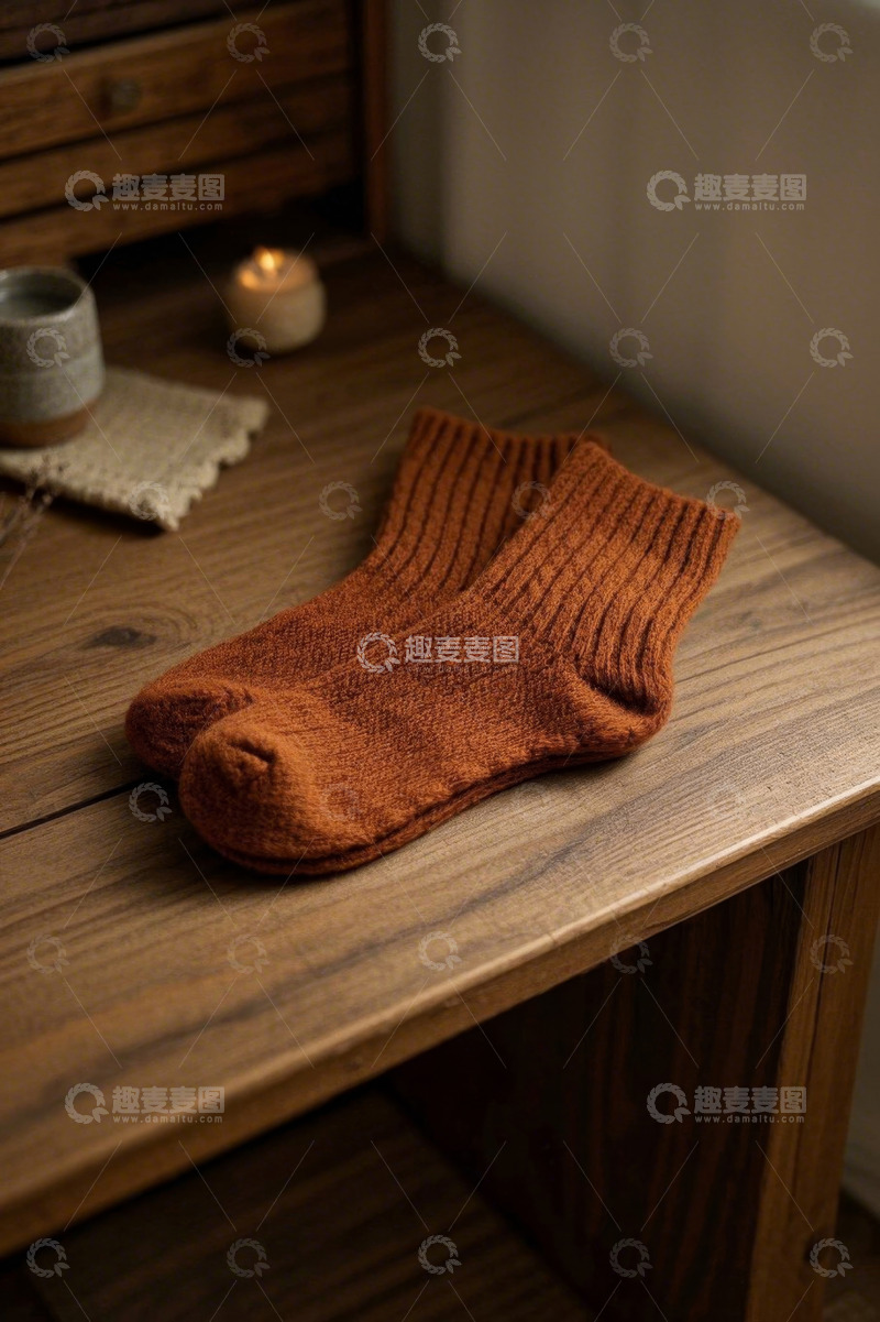 高清大图下载【趣麦麦图】木质桌上的针织棕色袜子