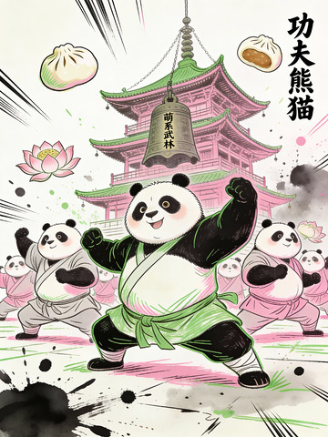 萌熊猫武林习艺，古刹钟鸣裹香包
