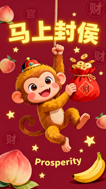 灵猴携财贺岁，马上封侯添喜