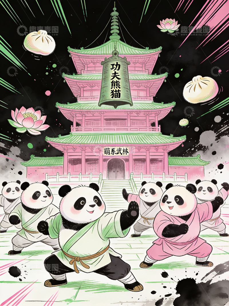 高清大图下载【趣麦麦图】萌系熊猫练武艺，禅林古刹裹香包